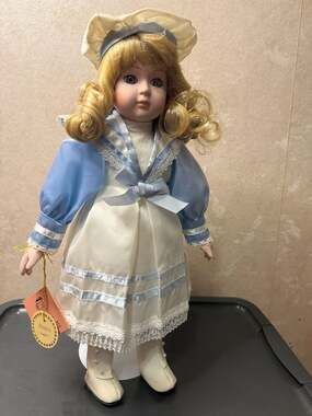Kingstate Jessica Porcelain Collector Doll Blue & White Dress with Stand